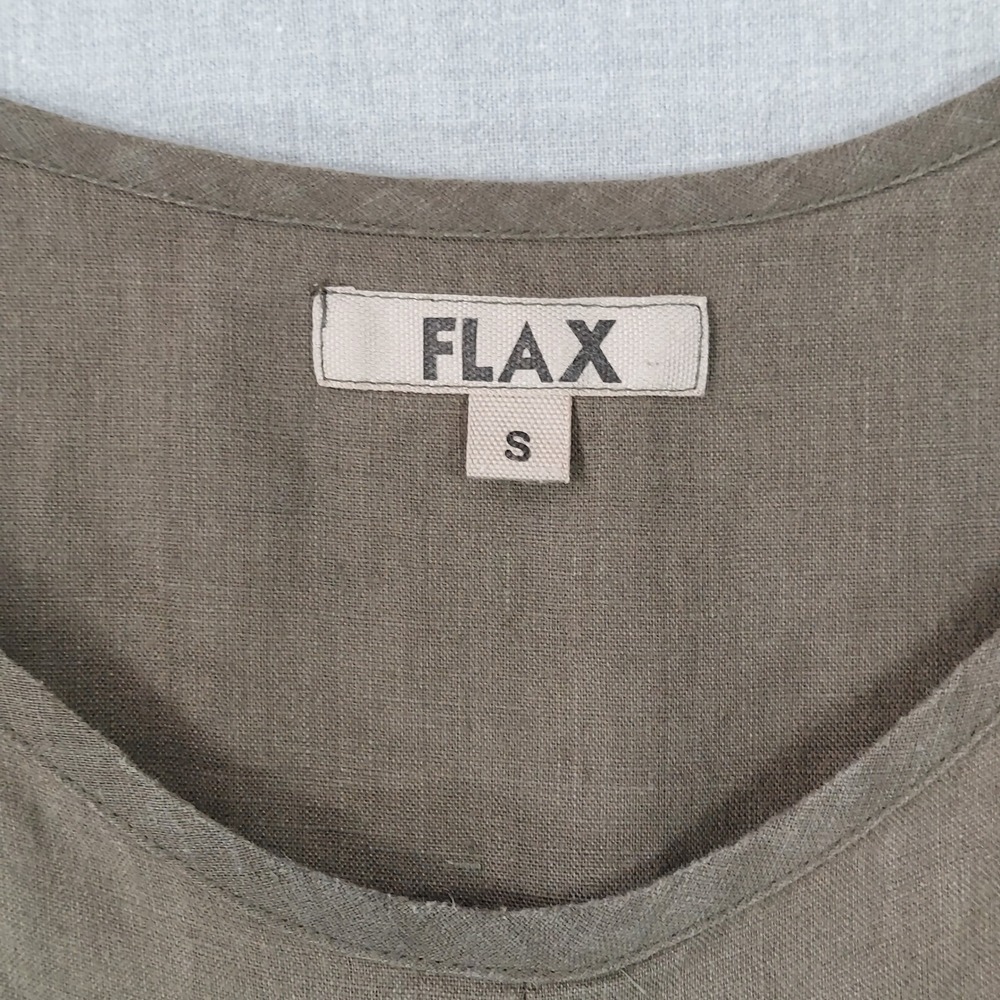 FLAX Linen Dress S Olive Green Sleeveless Pockets Lagenlook Minimalist Midi - Picture 5 of 10
